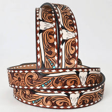 Load image into Gallery viewer, Cow Skull Tooled Leather Western Belt with Turquoise Studs and Whipstitch