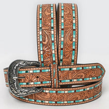 Load image into Gallery viewer, Tooled Leather Western Belt with Turquoise Mosaic Inlay & Floral Tooling