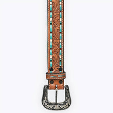 Load image into Gallery viewer, Tooled Leather Western Belt with Turquoise Mosaic Inlay & Floral Tooling