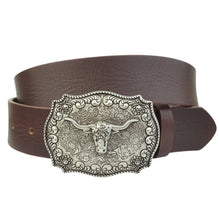 Load image into Gallery viewer, Genuine Leather belt with Antique Silver Long Horn