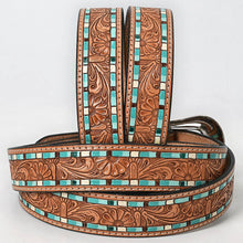Load image into Gallery viewer, Tooled Leather Western Belt with Turquoise Mosaic Inlay & Floral Tooling