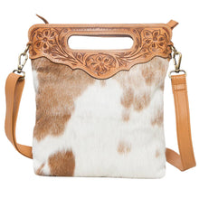 Load image into Gallery viewer, Tooling Leather Sling Cowhide Bag - Tan &amp; White / With Fringe
