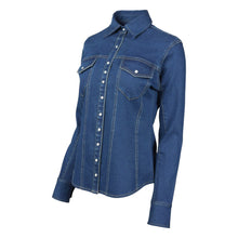Load image into Gallery viewer,  TuffRider Stone Washed Western Stretch Denim Shirt With Pearl Snaps
