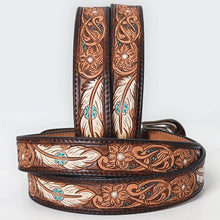 Load image into Gallery viewer, Tooled Leather Western Belt with White Feathers, Turquoise Accents &amp; Floral Design
