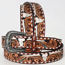 Load image into Gallery viewer, Cow Skull Tooled Leather Western Belt with Turquoise Studs and Whipstitch
