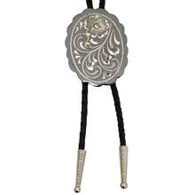 Load image into Gallery viewer, Floral Engraving on Scalloped Oval German Silver Bolo Tie
