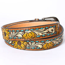 Load image into Gallery viewer, Sunflower Tooled Leather Belt with Teal Whipstitch and Silver Buckle

