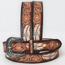 Load image into Gallery viewer, Tooled Leather Western Belt with White Feathers, Turquoise Accents &amp; Floral Design
