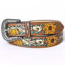 Load image into Gallery viewer, Sunflower Tooled Leather Belt with Teal Whipstitch and Silver Buckle
