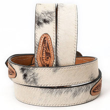 Load image into Gallery viewer, White Hair-On Cowhide Belt with Floral Tooled Leather Inlays and Western Buckle
