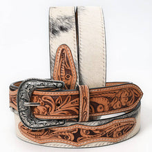 Load image into Gallery viewer, White Hair-On Cowhide Belt with Floral Tooled Leather Inlays and Western Buckle
